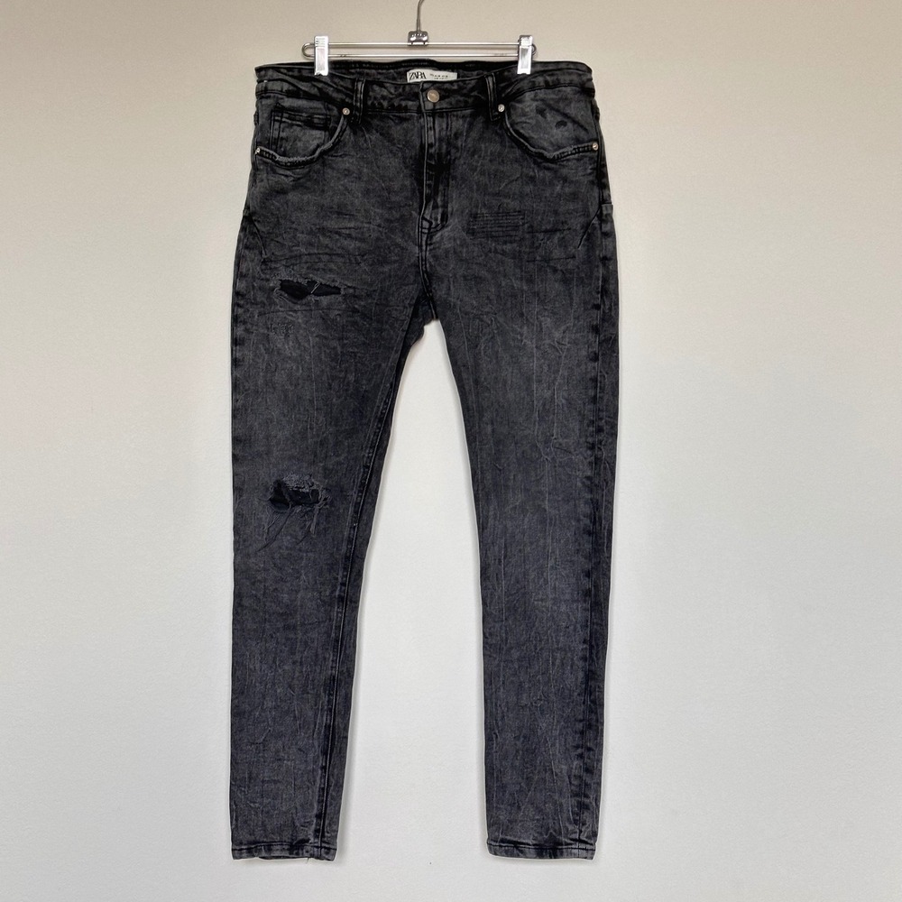 Zara Men's Slim Fit Distressed Acid Wash Grey Denim Jeans Cotton Blend Sz 36x29